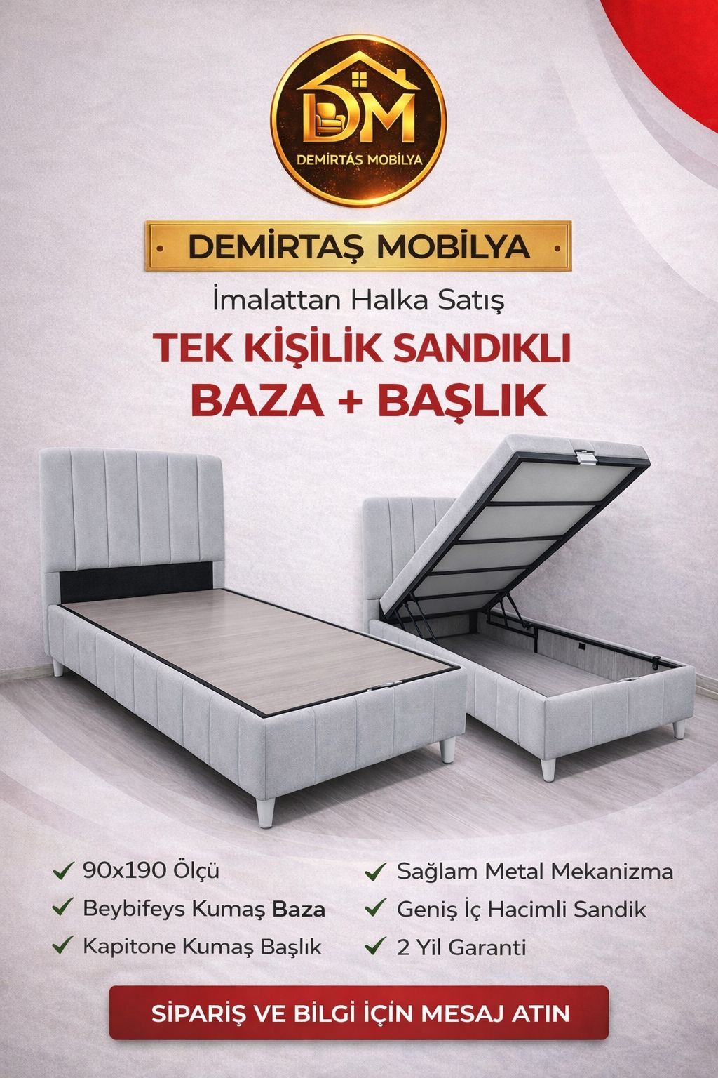 (DM Nova) Tek Kişilik Sandıklı Baza + Başlık (90×190)
