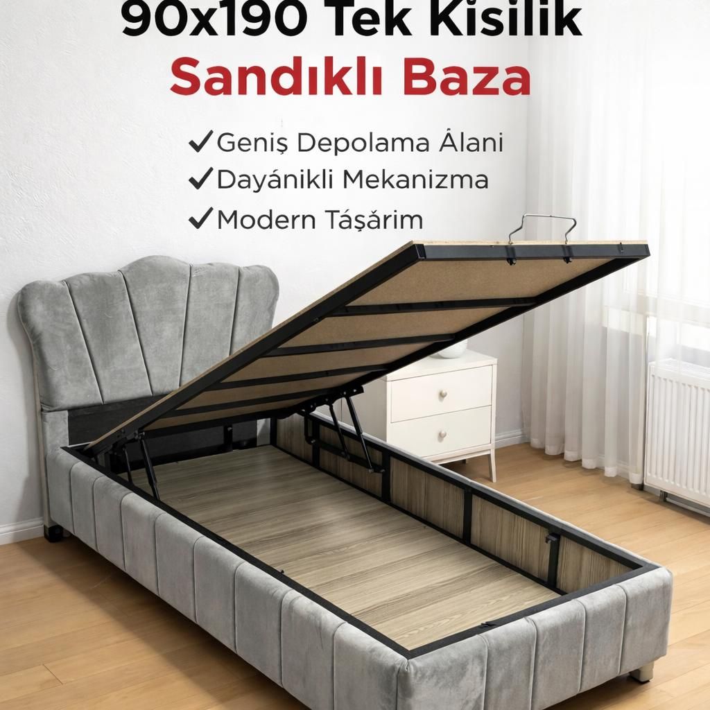 (DM Lale) Tek Kişilik Sandıklı Baza + Başlık (90×190)