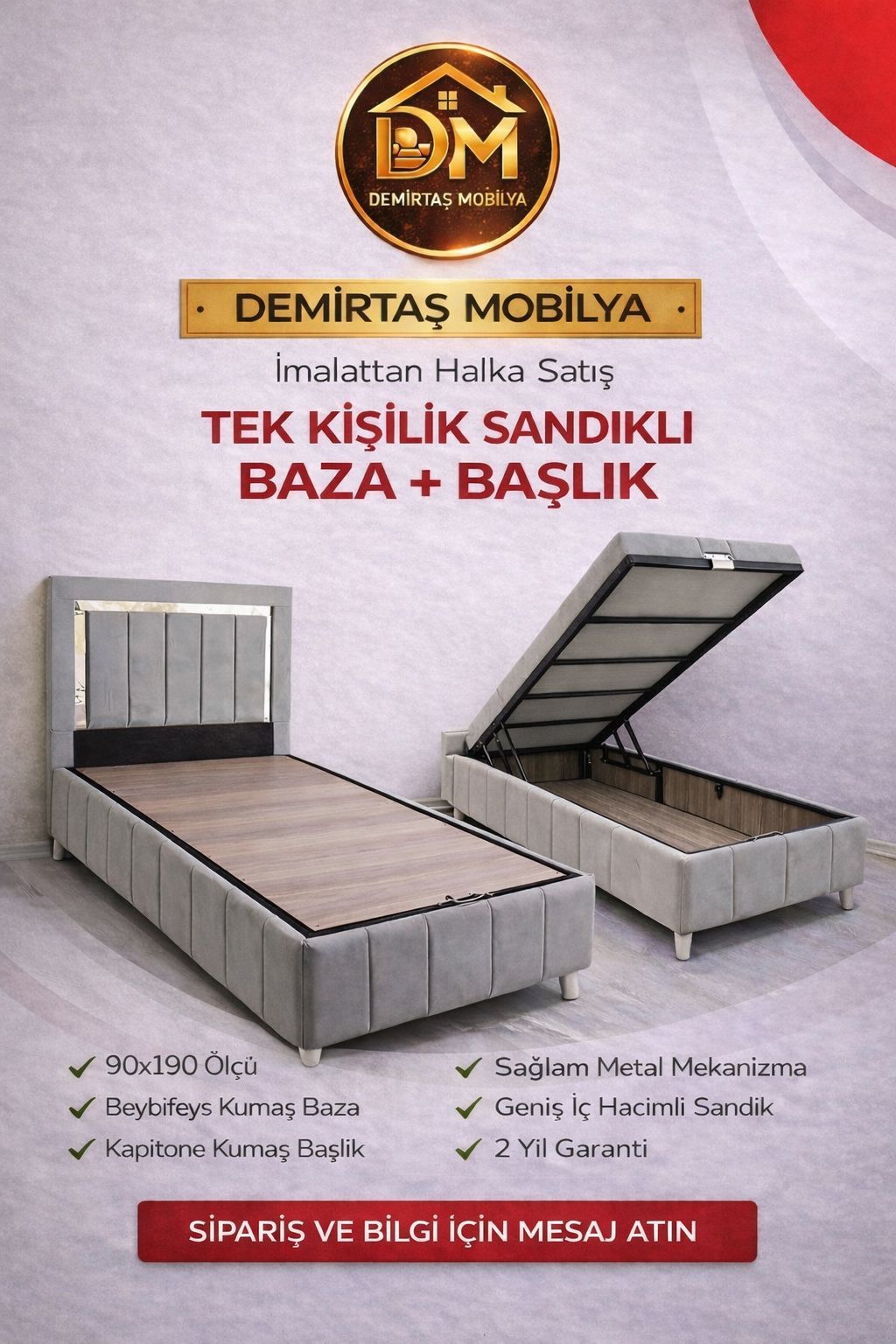 (DM Atlas) Tek Kişilik Sandıklı Baza + Başlık (90×190)